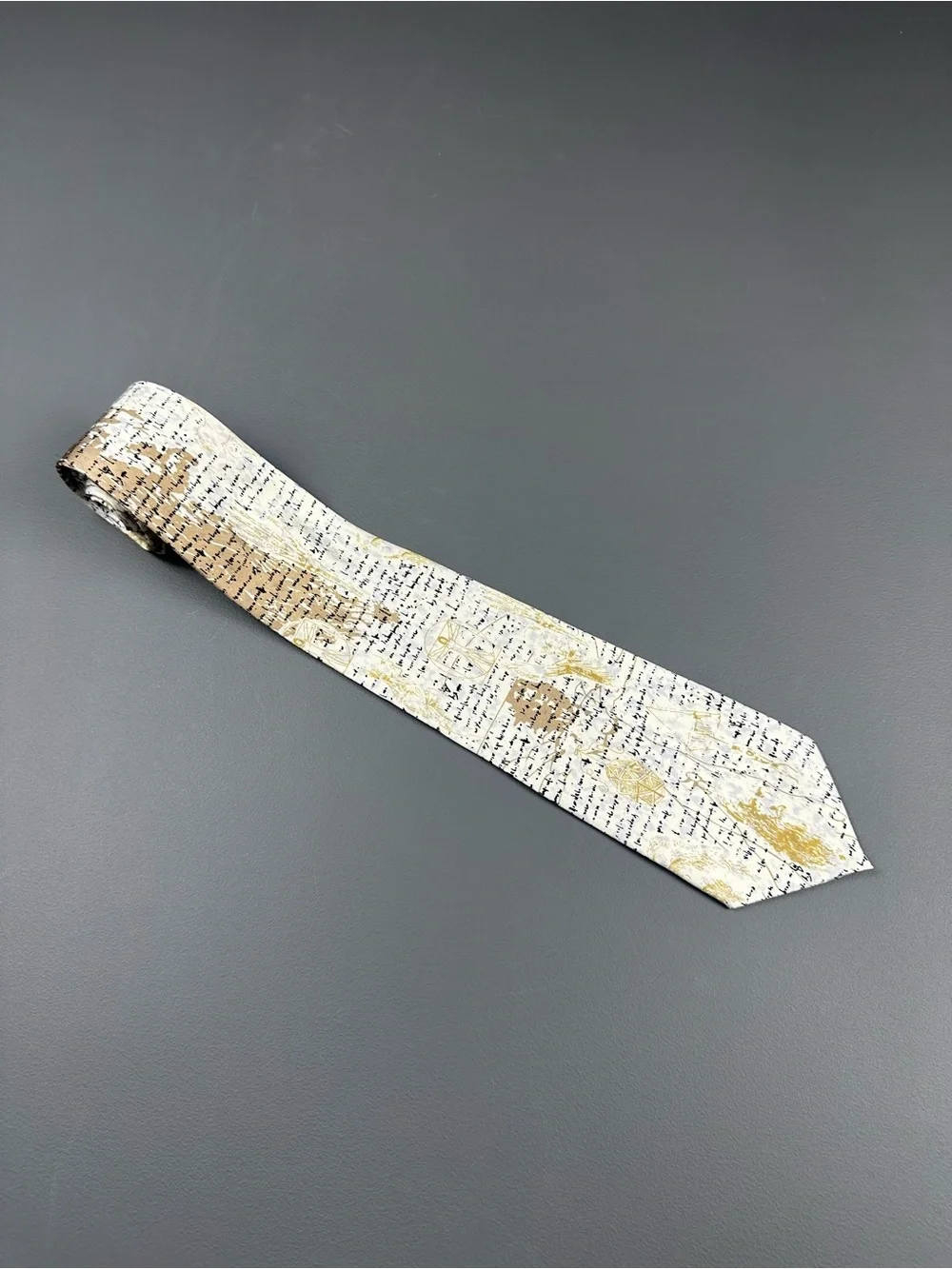 Roberta Firenze Italy Silk Renaissance Manuscript Tie White Gold 3 5/8 x 58 1/2